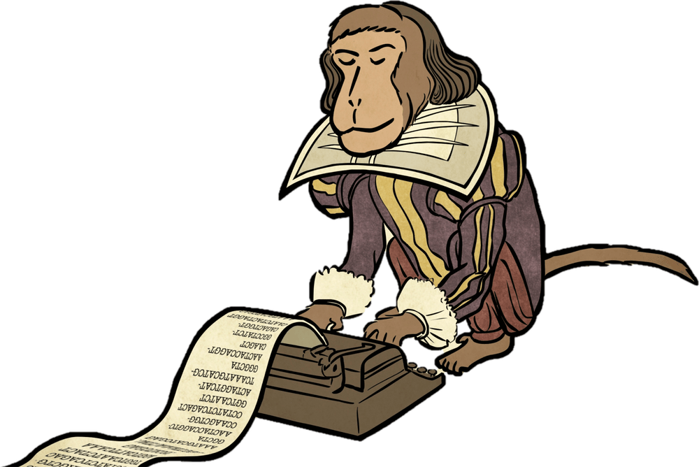 The book's mascot, a monkey in a ruffled collar, typing a scroll of DNA on a typewriter